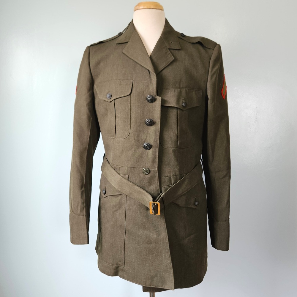 Vtg USMC Men Service Alpha Uniform Coat Green Wool Gabardine Belted 1989 44XL